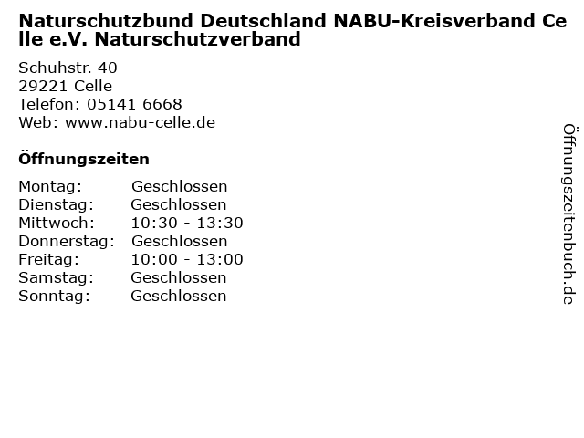 Naturschutzbund Deutschland NABU-Kreisverband Celle e.V. Naturschutzverband in Celle: Adresse und Öffnungszeiten