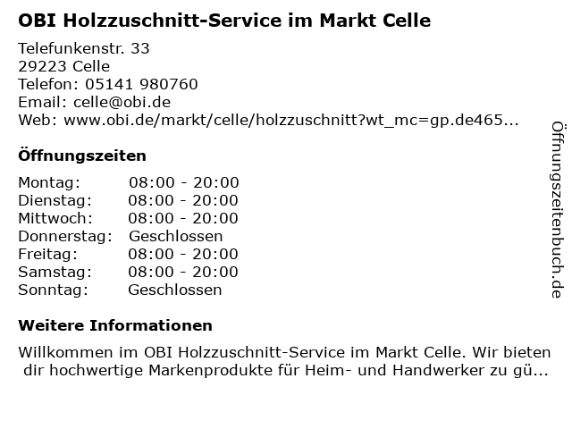 OBI Holzzuschnitt-Service im Markt Celle in Celle: Adresse und Öffnungszeiten