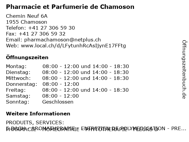 Pharmacie et Parfumerie de Chamoson in Chamoson: Adresse und Öffnungszeiten