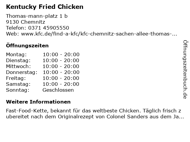 Kentucky Fried Chicken in Chemnitz: Adresse und Öffnungszeiten