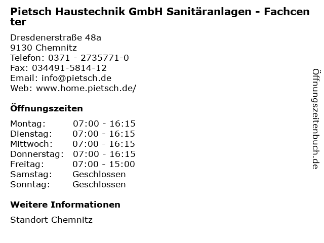 Pietsch Haustechnik GmbH Sanitäranlagen - Fachcenter in Chemnitz: Adresse und Öffnungszeiten
