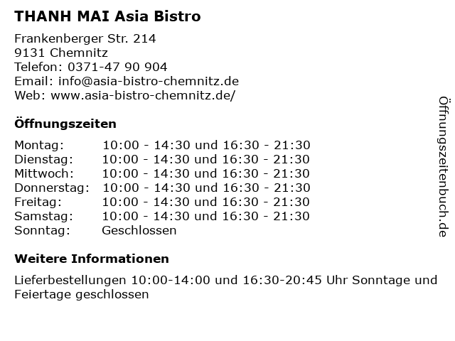 THANH MAI Asia Bistro in Chemnitz: Adresse und Öffnungszeiten