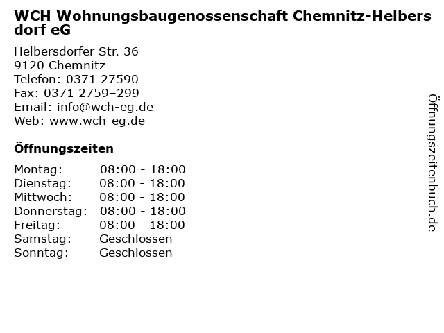 WCH Wohnungsbaugenossenschaft Chemnitz-Helbersdorf eG in Chemnitz: Adresse und Öffnungszeiten