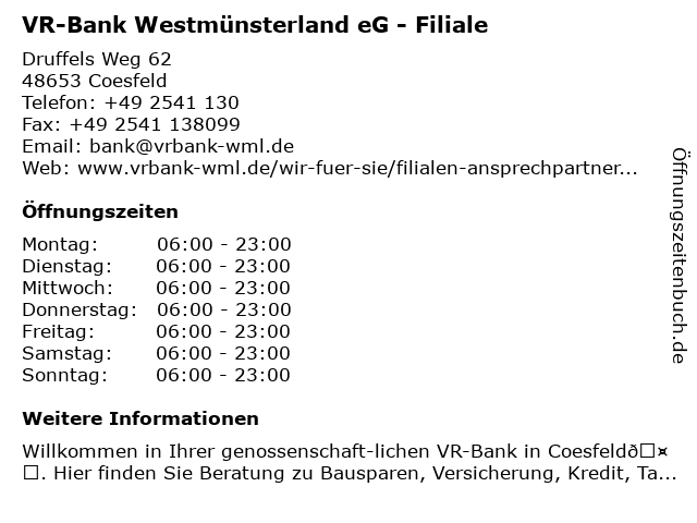 á… Offnungszeiten Vr Bank Westmunsterland Eg Filiale Druffels Weg 62 In Coesfeld