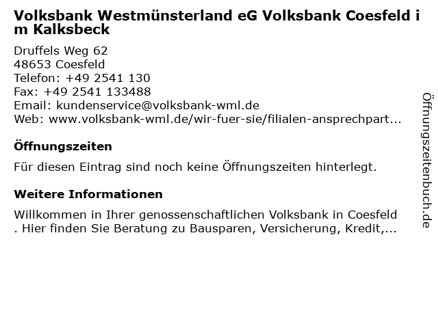 á… Offnungszeiten Vr Bank Westmunsterland Eg Filiale Druffels Weg 62 In Coesfeld