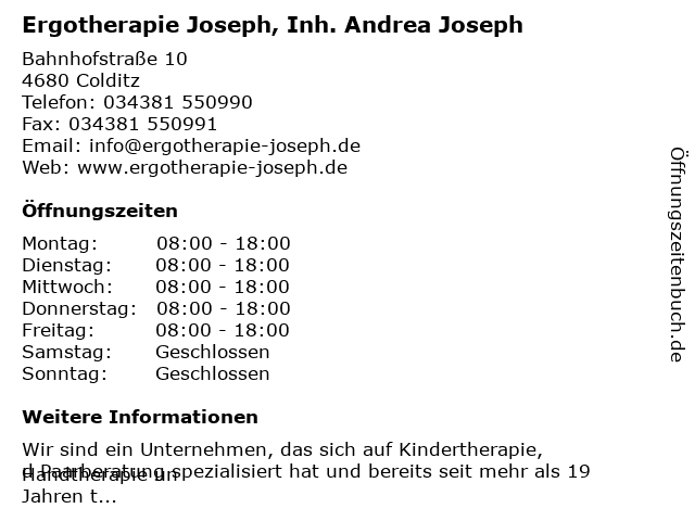 Ergotherapie Joseph, Inh. Andrea Joseph in Colditz: Adresse und Öffnungszeiten