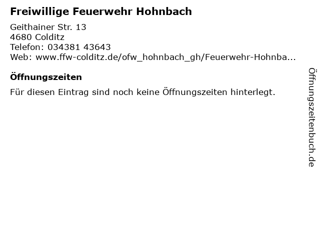 Freiwillige Feuerwehr Hohnbach in Colditz: Adresse und Öffnungszeiten