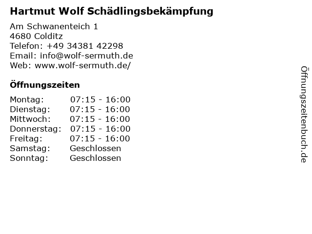 Hartmut Wolf Schädlingsbekämpfung in Colditz: Adresse und Öffnungszeiten