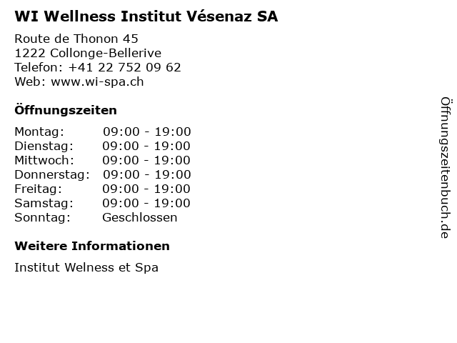 WI Wellness Institut Vésenaz SA in Collonge-Bellerive: Adresse und Öffnungszeiten