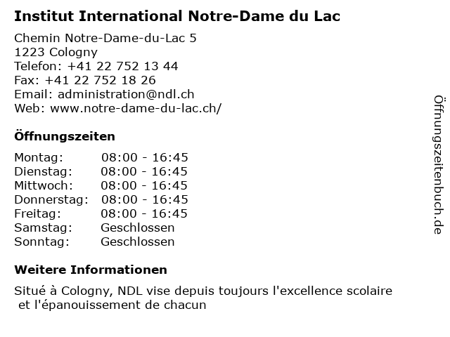 Institut International Notre-Dame du Lac in Cologny: Adresse und Öffnungszeiten