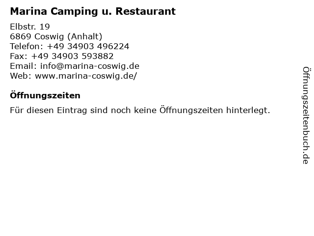 Marina Camping u. Restaurant in Coswig (Anhalt): Adresse und Öffnungszeiten