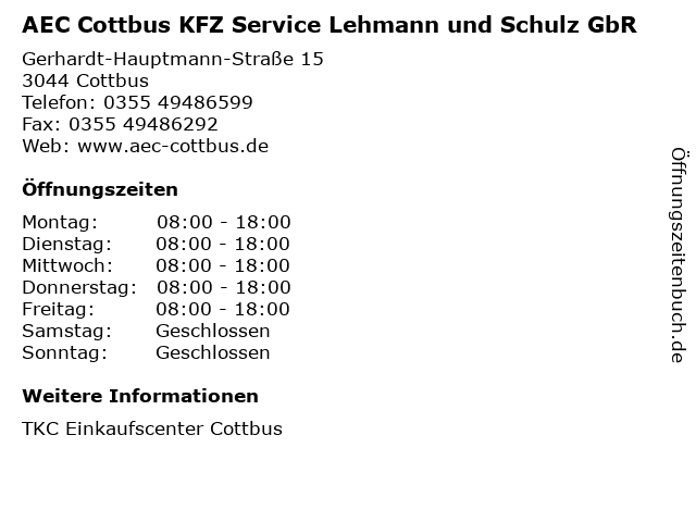 AEC Cottbus KFZ Service Lehmann und Schulz GbR in Cottbus: Adresse und Öffnungszeiten