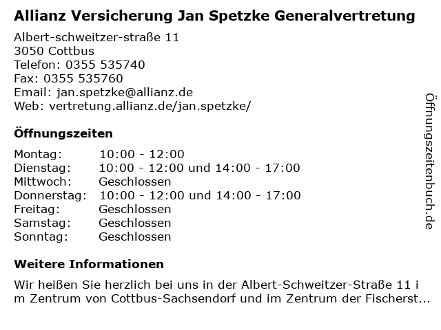 Allianz Versicherung Jan Spetzke Generalvertretung in Cottbus: Adresse und Öffnungszeiten