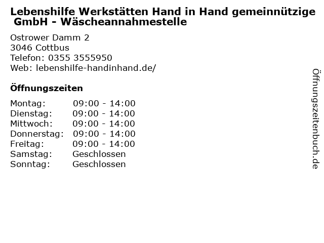 Lebenshilfe Werkstätten Hand in Hand gemeinnützige GmbH - Wäscheannahmestelle in Cottbus: Adresse und Öffnungszeiten