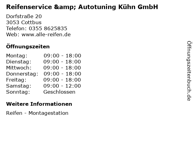 Reifenservice & Autotuning Kühn GmbH in Cottbus: Adresse und Öffnungszeiten