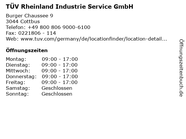 TÜV Rheinland Industrie Service GmbH in Cottbus: Adresse und Öffnungszeiten