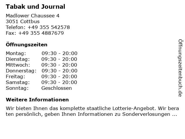 Tabak und Journal in Cottbus: Adresse und Öffnungszeiten