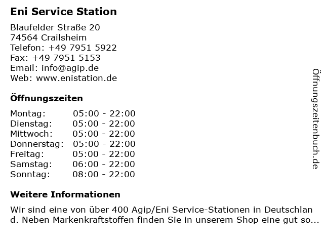 Eni Service Station in Crailsheim: Adresse und Öffnungszeiten