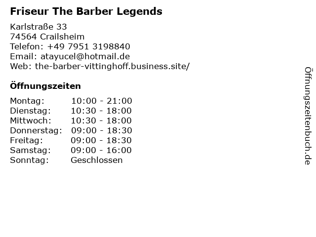 Friseur The Barber Legends in Crailsheim: Adresse und Öffnungszeiten