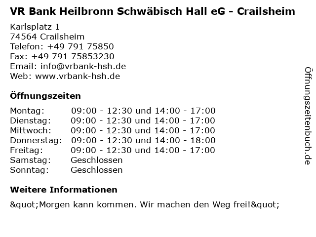 ᐅ Offnungszeiten Vr Bank Schwabisch Hall Crailsheim Eg