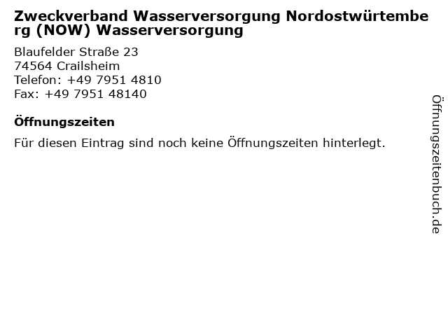 Zweckverband Wasserversorgung Nordostwürtemberg (NOW) Wasserversorgung in Crailsheim: Adresse und Öffnungszeiten