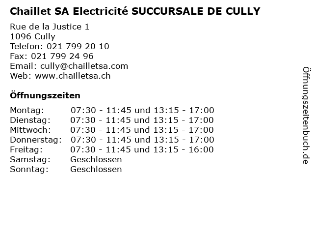 Chaillet SA Electricité SUCCURSALE DE CULLY in Cully: Adresse und Öffnungszeiten