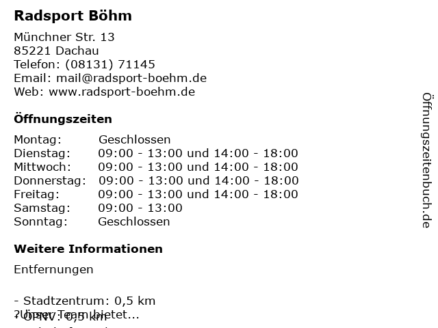 ᐅ Öffnungszeiten „Radsport Böhm“ Münchner Str. 13 in Dachau