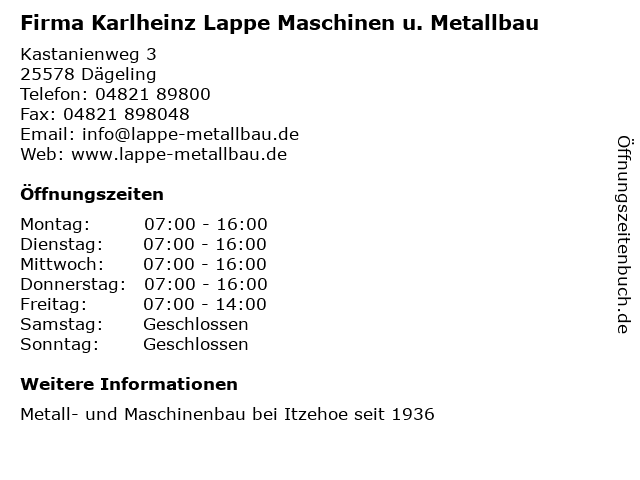 Firma Karlheinz Lappe Maschinen u. Metallbau in Dägeling: Adresse und Öffnungszeiten