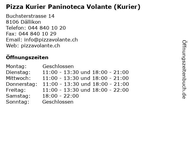 Pizza Kurier Paninoteca Volante (Kurier) in Dällikon: Adresse und Öffnungszeiten
