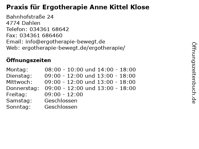 Praxis für Ergotherapie Anne Kittel Klose in Dahlen: Adresse und Öffnungszeiten