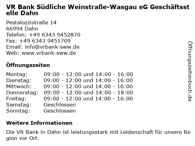 á Offnungszeiten Vr Bank Sudliche Weinstrasse Wasgau Eg Geschaftsstelle Dahn Pestalozzistrasse 14 In Dahn