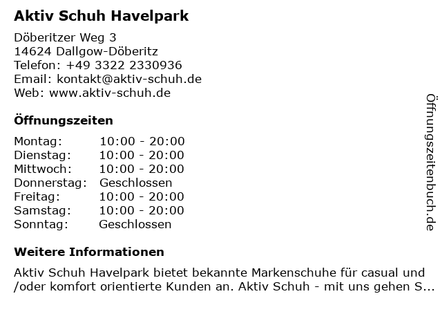 Aktiv Schuh Havelpark in Dallgow-Döberitz: Adresse und Öffnungszeiten