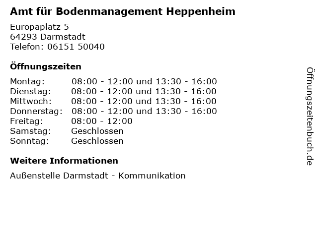 Amt für Bodenmanagement Heppenheim in Darmstadt: Adresse und Öffnungszeiten