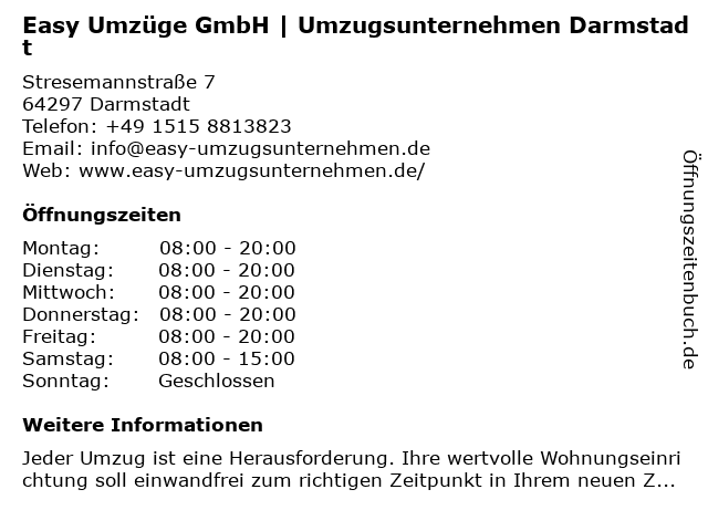 Easy Umzüge GmbH | Umzugsunternehmen Darmstadt in Darmstadt: Adresse und Öffnungszeiten