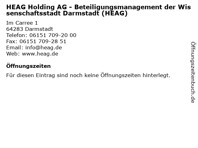 HEAG Holding AG - Beteiligungsmanagement der Wissenschaftsstadt Darmstadt (HEAG) in Darmstadt: Adresse und Öffnungszeiten