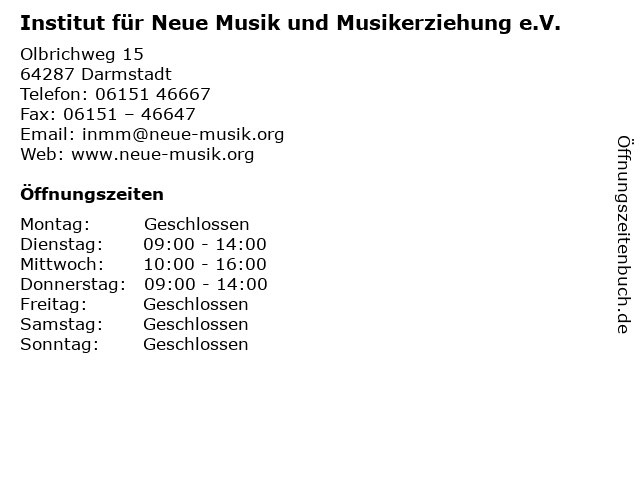 Institut für Neue Musik und Musikerziehung e.V. in Darmstadt: Adresse und Öffnungszeiten
