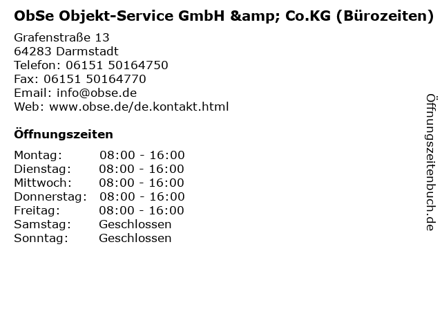 ObSe Objekt-Service GmbH & Co.KG (Bürozeiten) in Darmstadt: Adresse und Öffnungszeiten