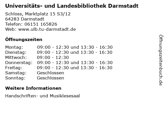 Universitäts- und Landesbibliothek Darmstadt in Darmstadt: Adresse und Öffnungszeiten