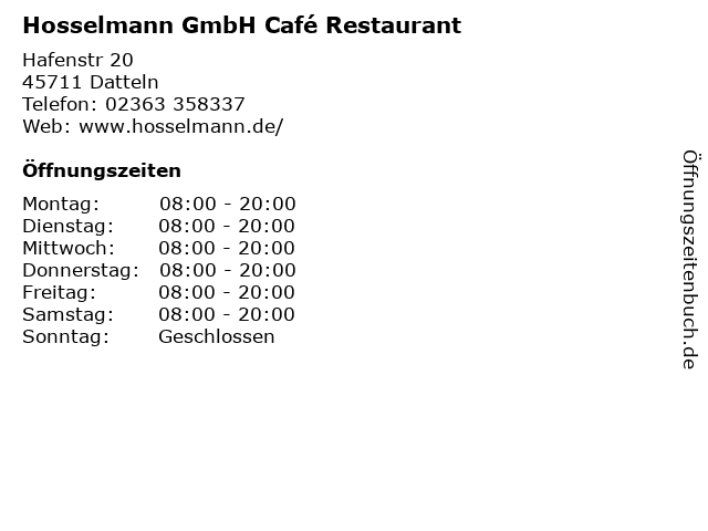 Hosselmann GmbH Café Restaurant in Datteln: Adresse und Öffnungszeiten