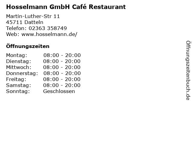 Hosselmann GmbH Café Restaurant in Datteln: Adresse und Öffnungszeiten