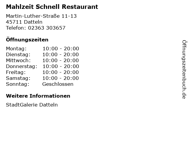 Mahlzeit Schnell Restaurant in Datteln: Adresse und Öffnungszeiten