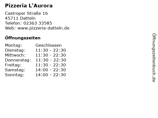 Pizzeria L'Aurora in Datteln: Adresse und Öffnungszeiten