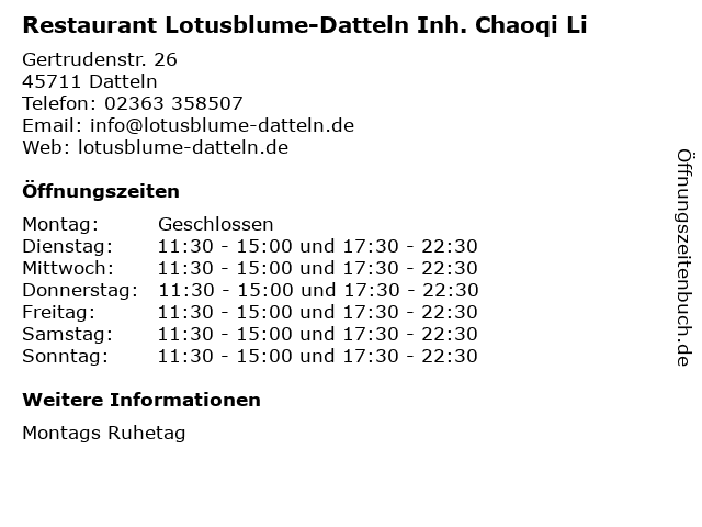 Restaurant Lotusblume-Datteln Inh. Chaoqi Li in Datteln: Adresse und Öffnungszeiten