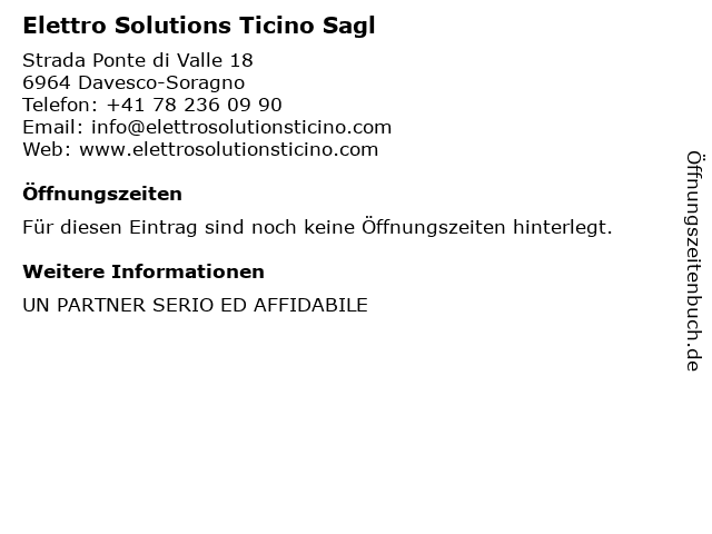 Elettro Solutions Ticino Sagl in Davesco-Soragno: Adresse und Öffnungszeiten