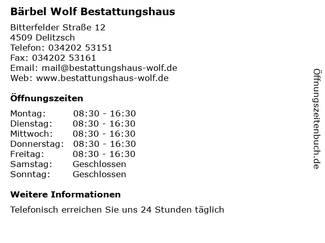 Bärbel Wolf Bestattungshaus in Delitzsch: Adresse und Öffnungszeiten
