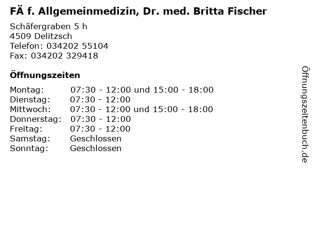 FÄ f. Allgemeinmedizin, Dr. med. Britta Fischer in Delitzsch: Adresse und Öffnungszeiten