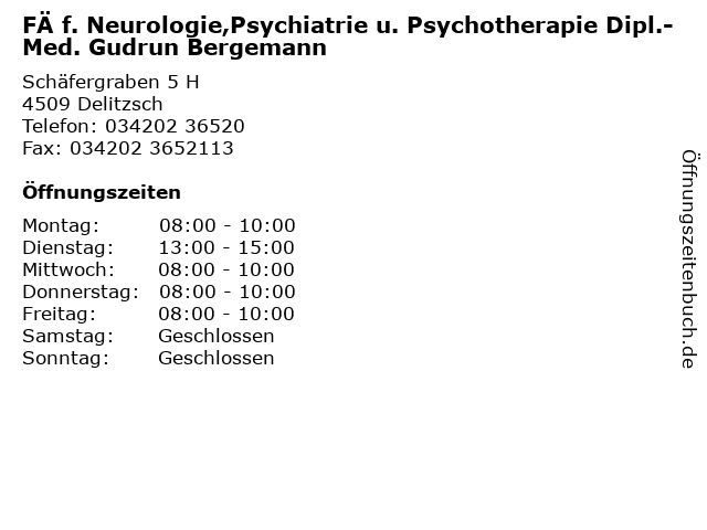 FÄ f. Neurologie,Psychiatrie u. Psychotherapie Dipl.-Med. Gudrun Bergemann in Delitzsch: Adresse und Öffnungszeiten