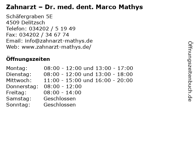 Zahnarzt – Dr. med. dent. Marco Mathys in Delitzsch: Adresse und Öffnungszeiten