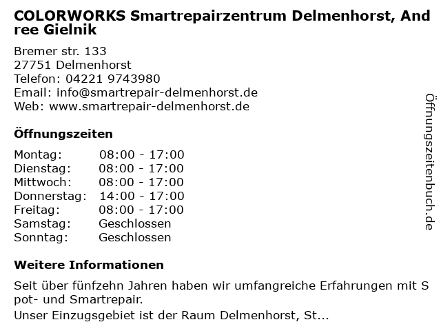 COLORWORKS Smartrepairzentrum Delmenhorst, Andree Gielnik in Delmenhorst: Adresse und Öffnungszeiten