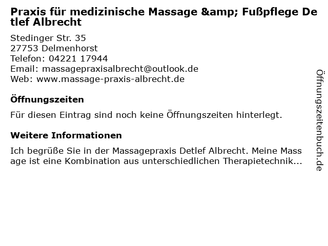 Massagepraxis Detlef Albrecht in Delmenhorst: Adresse und Öffnungszeiten